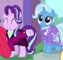 Size: 278x266 | Tagged: safe, screencap, character:apple bloom, character:starlight glimmer, character:trixie, species:pony, species:unicorn, episode:the last problem, g4, my little pony: friendship is magic, all is well, bags under eyes, blazer, clothing, collar, cropped, cuffs (clothes), cute, diatrixes, duo focus, female, guidance counselor trixie, happy, happy ending, headmare starlight, mare, older starlight glimmer, older trixie, raised hoof, smiling, suit, waving