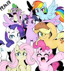 Size: 1156x1286 | Tagged: safe, artist:nekubi, character:applejack, character:fluttershy, character:pinkie pie, character:rainbow dash, character:rarity, character:spike, character:twilight sparkle, character:twilight sparkle (alicorn), species:alicorn, species:dragon, species:earth pony, species:pegasus, species:pony, species:unicorn, clothing, cowboy hat, cute, female, flying, happy birthday mlp:fim, hat, looking at you, male, mane seven, mane six, mare, mlp fim's ninth anniversary, one eye closed, open mouth, simple background, spread wings, white background, wings
