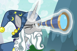 Size: 1542x1027 | Tagged: safe, screencap, character:star swirl the bearded, species:pony, species:unicorn, episode:the ending of the end, g4, my little pony: friendship is magic, canterlot, cropped, frown, glowing horn, gritted teeth, horn, magic, magic aura, male, one eye closed, solo, spyglass, stallion, telekinesis