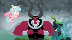 Size: 1920x1080 | Tagged: safe, screencap, character:cozy glow, character:lord tirek, character:queen chrysalis, species:alicorn, species:centaur, species:changeling, species:pony, episode:the ending of the end, g4, my little pony: friendship is magic, alicornified, cozycorn, female, filly, former queen chrysalis, league of e.v.i.l., me and the boys, nose piercing, nose ring, piercing, race swap, slasher smile, ultimate chrysalis, war face