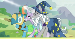 Size: 719x376 | Tagged: safe, screencap, character:meadowbrook, character:mistmane, character:star swirl the bearded, species:earth pony, species:pony, species:unicorn, episode:the ending of the end, g4, my little pony: friendship is magic, alchemy, blast, cropped, eyes closed, female, fight, fighting stance, glowing horn, gritted teeth, healer's mask, horn, magic, magic blast, male, mare, mask, stallion, throwing