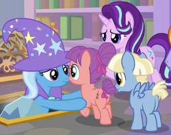 Size: 840x661 | Tagged: safe, screencap, character:starlight glimmer, character:trixie, species:earth pony, species:pegasus, species:pony, species:unicorn, episode:the ending of the end, g4, my little pony: friendship is magic, colt, cropped, female, filly, friendship student, helping, male, school of friendship, strawberry swing, water spout