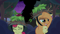 Size: 1280x720 | Tagged: safe, screencap, character:apple bloom, character:applejack, species:earth pony, species:pony, episode:going to seed, g4, my little pony: friendship is magic, clothing, eyes closed, female, filly, grin, hat, mare, scared, smiling
