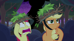 Size: 1280x720 | Tagged: safe, screencap, character:apple bloom, character:applejack, species:earth pony, species:pony, episode:going to seed, g4, my little pony: friendship is magic, clothing, female, filly, freckles, hat, looking up, mare, scared, thinking