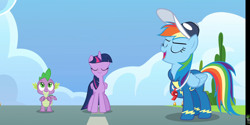 Size: 1620x810 | Tagged: safe, screencap, character:rainbow dash, character:spike, character:twilight sparkle, character:twilight sparkle (alicorn), species:alicorn, species:dragon, species:pegasus, species:pony, episode:the last problem, g4, my little pony: friendship is magic, baseball cap, cap, clothing, cloud, coach, coach rainbow dash, coaching cap, cute, dashabetes, end of ponies, female, hat, male, mare, rainbow dashs coaching whistle, smiling, uniform, whistle, whistle necklace, winged spike, wonderbolts, wonderbolts headquarters, wonderbolts uniform