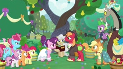 Size: 1920x1080 | Tagged: safe, screencap, character:apple bloom, character:applejack, character:big mcintosh, character:cup cake, character:discord, character:mayor mare, character:scootaloo, character:spike, character:sugar belle, character:sweetie belle, species:draconequus, species:dragon, species:earth pony, species:pegasus, species:pony, species:unicorn, ship:sugarmac, episode:the big mac question, g4, my little pony: friendship is magic, apple, apple tree, barrel, book, cutie mark crusaders, female, food, intertwined trees, male, pear tree, shipping, straight, tree, winged spike