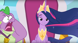 Size: 1678x936 | Tagged: safe, screencap, character:spike, character:twilight sparkle, character:twilight sparkle (alicorn), species:alicorn, species:pony, episode:the last problem, g4, my little pony: friendship is magic, big eyes, faec, gigachad spike, older, older spike, older twilight, princess twilight 2.0
