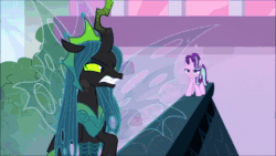 Size: 1920x1080 | Tagged: safe, screencap, character:queen chrysalis, character:starlight glimmer, species:changeling, species:pony, species:unicorn, episode:the ending of the end, g4, my little pony: friendship is magic, angry, animated, female, magic beam, mare, put it on my tab, school of friendship, smug, smuglight glimmer, snow, sound, ultimate chrysalis, webm, windswept mane