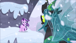 Size: 1920x1080 | Tagged: safe, screencap, character:queen chrysalis, character:starlight glimmer, species:changeling, species:pony, species:unicorn, episode:the ending of the end, g4, my little pony: friendship is magic, animated, avalanche, badass, blast, female, magic, magic beam, magic blast, mare, palindrome get, put it on my tab, smug, smuglight glimmer, snow, sound, teleportation, ultimate chrysalis, webm, windswept mane