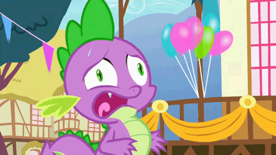 Size: 540x304 | Tagged: safe, screencap, character:spike, species:dragon, episode:triple threat, g4, my little pony: friendship is magic, animated, balloon, breathing, breathing heavily, faec, hyperventilating, male, panicking, ponyville, ponyville town hall, reaction image, solo, sweat