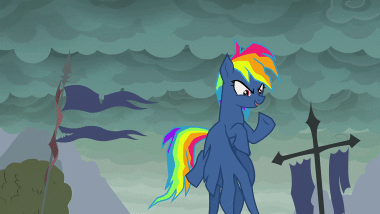 Size: 760x428 | Tagged: safe, screencap, character:evil pie hater dash, character:rainbow dash, species:demon pony, species:pegasus, species:pony, episode:secrets and pies, g4, my little pony: friendship is magic, adorapiehater, animated, cute, demon, eye beams, female, flying, gif, happy, mare, original species, solo, talking