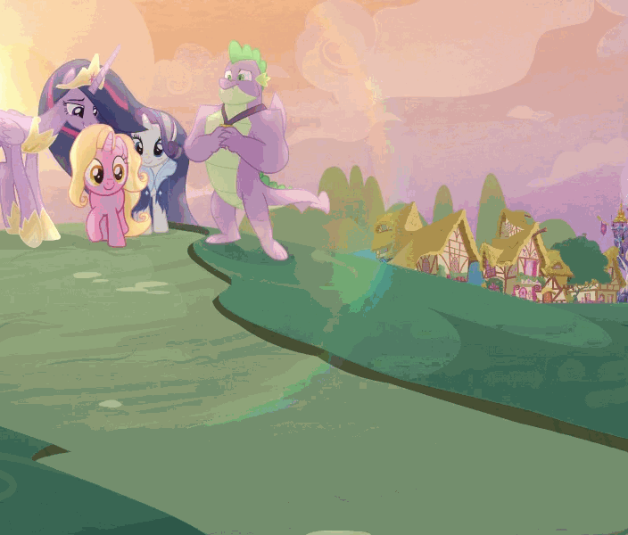 Size: 704x600 | Tagged: safe, screencap, character:luster dawn, character:rarity, character:spike, character:twilight sparkle, character:twilight sparkle (alicorn), species:alicorn, species:dragon, species:earth pony, species:pony, species:unicorn, episode:the last problem, g4, my little pony: friendship is magic, animated, cropped, cute, gif, gigachad spike, goodbye, hopping, horses doing horse things, jumping, lusterbetes, older, older rarity, older spike, older twilight, pronking