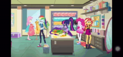 Size: 1280x592 | Tagged: safe, screencap, character:applejack, character:blueberry cake, character:fluttershy, character:pinkie pie, character:rainbow dash, character:rarity, character:sunset shimmer, character:twilight sparkle, character:twilight sparkle (scitwi), species:eqg human, equestria girls:holidays unwrapped, g4, my little pony:equestria girls, animated, blueberry cake, dashing through the mall, discovery family, geode of empathy, geode of fauna, geode of shielding, geode of sugar bombs, geode of super speed, geode of telekinesis, glasses, henry handle, humane five, humane seven, humane six, magical geodes, manestrum, promo, sound, webm