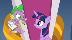 Size: 1366x768 | Tagged: safe, screencap, character:spike, character:twilight sparkle, character:twilight sparkle (alicorn), species:alicorn, species:dragon, species:pony, episode:the ending of the end, g4, my little pony: friendship is magic, clipboard, flying, happy, measuring tape, pencil, throne, winged spike