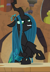 Size: 655x939 | Tagged: safe, screencap, character:queen chrysalis, species:changeling, episode:the ending of the end, g4, my little pony: friendship is magic, cropped, evil grin, grin, sitting, smiling, solo