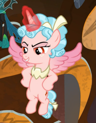 Size: 515x659 | Tagged: safe, screencap, character:cozy glow, species:alicorn, species:pony, episode:the ending of the end, g4, my little pony: friendship is magic, alicornified, cozycorn, cropped, evil grin, flying, glowing horn, grin, hooves on hips, horn, offscreen character, race swap, smiling, solo focus