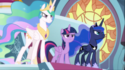 Size: 1668x937 | Tagged: safe, screencap, character:princess celestia, character:princess luna, character:twilight sparkle, character:twilight sparkle (alicorn), species:alicorn, species:pony, episode:the ending of the end, g4, my little pony: friendship is magic, cropped, determined, royal sisters, serious, trio
