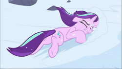 Size: 1669x939 | Tagged: safe, screencap, character:starlight glimmer, species:pony, species:unicorn, episode:the ending of the end, g4, my little pony: friendship is magic, cropped, eyes closed, female, floppy ears, knocked out, lying down, mare, snow, solo, windswept mane