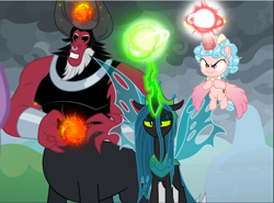Size: 1272x940 | Tagged: safe, screencap, character:cozy glow, character:lord tirek, character:queen chrysalis, species:alicorn, species:centaur, species:pony, episode:the ending of the end, g4, my little pony: friendship is magic, alicornified, claws, cozycorn, cropped, evil grin, eyeshadow, female, filly, final battle, flapping, flying, foal, former queen chrysalis, glowing horn, grin, horn, horns, lidded eyes, magic, makeup, powerful, race swap, smiling, smug, trio, ultimate chrysalis