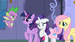 Size: 1366x768 | Tagged: safe, screencap, character:fluttershy, character:rarity, character:spike, character:twilight sparkle, character:twilight sparkle (alicorn), species:alicorn, species:dragon, species:pony, episode:the ending of the end, g4, my little pony: friendship is magic, crossed arms, dismay, flying, heart attack, saddle bag, smug, winged spike