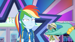 Size: 1164x655 | Tagged: safe, screencap, character:daring do, character:rainbow dash, character:zephyr breeze, equestria girls:holidays unwrapped, g4, my little pony:equestria girls, chestnut magnifico, cropped, da fuq, dashing through the mall, faec, meme, not amused face, plusplus, rainbow dash is best facemaker, rainbow dash is not amused, reaction image, shrunken pupils, special eyes, thousand yard stare, unamused