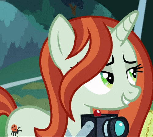 Size: 500x449 | Tagged: safe, screencap, character:crackle cosette, character:queen chrysalis, species:changeling, species:pony, species:unicorn, episode:the ending of the end, g4, my little pony: friendship is magic, animated, camera, cropped, disguise, disguised changeling, female, gif, one eye closed, solo, wink