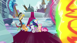 Size: 1920x1080 | Tagged: safe, screencap, character:applejack, character:discord, character:fluttershy, character:pinkie pie, character:princess celestia, character:princess luna, character:rainbow dash, character:rarity, character:spike, episode:the ending of the end, g4, my little pony: friendship is magic, blast, destruction, hug, magic, magic beam, magic blast, shocked expression