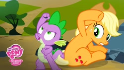 Size: 1280x720 | Tagged: safe, screencap, character:applejack, character:spike, species:dragon, species:earth pony, species:pony, episode:spike at your service, g4, my little pony: friendship is magic, female, male, mare, my little pony logo, protecting, rock, spike to the rescue