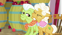 Size: 1280x720 | Tagged: safe, screencap, character:goldie delicious, character:granny smith, episode:going to seed, g4, my little pony: friendship is magic, apple, barrel, food, rocking chair