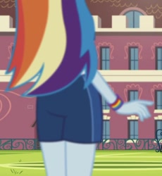 Size: 762x828 | Tagged: safe, screencap, character:rainbow dash, episode:sock it to me, g4, my little pony:equestria girls, ass, butt, clothing, cropped, female, legs, rainbutt dash, shorts, sock it to me: rarity, solo