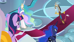 Size: 1366x768 | Tagged: safe, screencap, character:discord, character:princess celestia, character:princess luna, character:twilight sparkle, character:twilight sparkle (alicorn), species:alicorn, species:pony, episode:the ending of the end, g4, my little pony: friendship is magic, carpet, throne room
