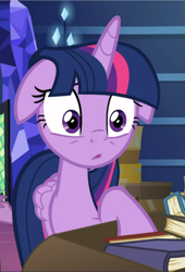 Size: 640x939 | Tagged: safe, screencap, character:twilight sparkle, character:twilight sparkle (alicorn), species:alicorn, species:pony, episode:the last problem, g4, my little pony: friendship is magic, book, box, cropped, floppy ears, solo, worried