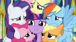 Size: 1668x939 | Tagged: safe, screencap, character:applejack, character:fluttershy, character:pinkie pie, character:rainbow dash, character:rarity, character:twilight sparkle, character:twilight sparkle (alicorn), species:alicorn, species:earth pony, species:pegasus, species:pony, species:unicorn, episode:the last problem, g4, my little pony: friendship is magic, applejack's hat, clothing, comforting, cowboy hat, cropped, crying, female, freckles, group, group hug, hat, hug, mane six, mare, open mouth, sad, sad smile, spread wings, tears of joy, teary eyes, wavy mouth, wings