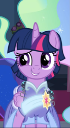 Size: 491x888 | Tagged: safe, screencap, character:twilight sparkle, character:twilight sparkle (alicorn), species:alicorn, species:pony, episode:the last problem, g4, my little pony: friendship is magic, adorkable, clothing, coronation dress, cropped, cute, dork, dress, offscreen character, second coronation dress, smiling, solo focus, spider, star spider, twiabetes