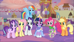 Size: 1669x941 | Tagged: safe, screencap, character:applejack, character:fluttershy, character:pinkie pie, character:rainbow dash, character:rarity, character:spike, character:starlight glimmer, character:twilight sparkle, character:twilight sparkle (alicorn), species:alicorn, species:dragon, species:earth pony, species:pegasus, species:pony, species:unicorn, episode:the last problem, g4, my little pony: friendship is magic, applejack's hat, clothing, coronation dress, cowboy hat, cropped, crown, dress, female, group, hat, jewelry, male, mane eight, mane six, mare, regalia, second coronation dress, smiling, winged spike
