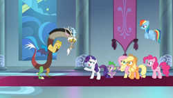 Size: 1366x768 | Tagged: safe, screencap, character:applejack, character:discord, character:fluttershy, character:pinkie pie, character:rainbow dash, character:rarity, character:spike, species:dragon, episode:the ending of the end, g4, my little pony: friendship is magic, angry, banner, carpet, disappointed, flying, regret, stained glass window, upset, winged spike, yelling