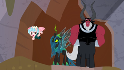 Size: 1366x768 | Tagged: safe, screencap, character:cozy glow, character:lord tirek, character:queen chrysalis, species:alicorn, species:pony, episode:the ending of the end, g4, my little pony: friendship is magic, alicornified, bracer, cave, cozycorn, grogar's bell, nose piercing, nose ring, piercing, race swap