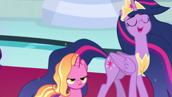Size: 1920x1080 | Tagged: safe, screencap, character:luster dawn, character:twilight sparkle, character:twilight sparkle (alicorn), species:alicorn, species:pony, species:unicorn, episode:the last problem, g4, my little pony: friendship is magic, luster dawn is not amused, meme template, mid-blink screencap, older, older twilight, princess twilight 2.0, twilight 2.0's reminiscences, unamused