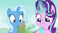 Size: 1280x720 | Tagged: safe, screencap, character:starlight glimmer, character:trixie, species:pony, species:unicorn, episode:student counsel, puffy cheeks