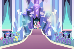 Size: 1618x1079 | Tagged: safe, screencap, character:princess cadance, character:princess flurry heart, character:shining armor, species:alicorn, species:pony, species:unicorn, episode:the ending of the end, g4, my little pony: friendship is magic, armor, cropped, crystal empire, crystal guard, crystal guard armor, crystal palace, female, foal, male, mare, stallion, throne room