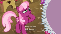 Size: 1280x720 | Tagged: safe, screencap, character:cheerilee, species:earth pony, species:pony, episode:hearts and hooves day, g4, my little pony: friendship is magic, cheeribetes, cute, female, hoof on face, mare, present, raised hoof, rob renzetti, smiling, solo, sparkly, standing, text, thinking