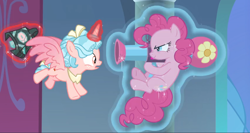 Size: 1366x728 | Tagged: safe, screencap, character:cozy glow, character:pinkie pie, species:alicorn, species:pony, episode:the ending of the end, g4, my little pony: friendship is magic, alicornified, banner, bell, cozybuse, cozycorn, flying, grogar's bell, levitation, magic, nose wrinkle, party bazooka, race swap, rocket launcher, surprised, telekinesis, this will end in pain, this will end in tears