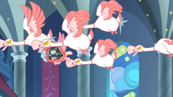 Size: 1366x768 | Tagged: safe, screencap, character:cozy glow, species:alicorn, species:bird, species:pony, episode:the ending of the end, g4, my little pony: friendship is magic, alicornified, attack, banner, bell, cozybuse, cozycorn, flock, flying, geese, goose, grogar's bell, levitation, magic, race swap, stained glass window, telekinesis