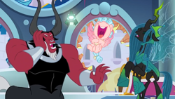 Size: 1366x768 | Tagged: safe, screencap, character:cozy glow, character:lord tirek, character:queen chrysalis, episode:the ending of the end, g4, my little pony: friendship is magic, bell, bracer, broken, damaged property, flying, grogar's bell, laughing, nose piercing, nose ring, piercing, shards, shattered, throne room