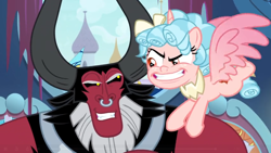 Size: 1366x768 | Tagged: safe, screencap, character:cozy glow, character:lord tirek, species:alicorn, species:pony, episode:the ending of the end, g4, my little pony: friendship is magic, alicornified, cozycorn, evil, evil grin, grin, looking at each other, nose piercing, nose ring, piercing, race swap, sinister, smiling, smirk