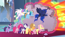 Size: 1366x768 | Tagged: safe, screencap, character:applejack, character:fluttershy, character:pinkie pie, character:princess celestia, character:princess luna, character:rainbow dash, character:rarity, character:twilight sparkle, character:twilight sparkle (alicorn), species:alicorn, species:pony, episode:the ending of the end, g4, my little pony: friendship is magic, blast, carpet, flying, hyper beam, levitation, magic, magic beam, magic blast, mane six, peytral, pushing, rock, rubble, struggling, telekinesis, throne room, worried