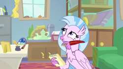 Size: 1280x720 | Tagged: safe, screencap, character:silverstream, episode:student counsel, book, couch, inkwell, notepad, quill, solo, starlight's office