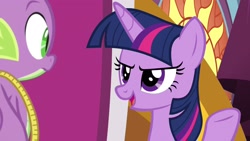 Size: 1920x1080 | Tagged: safe, screencap, character:spike, character:twilight sparkle, character:twilight sparkle (alicorn), species:alicorn, species:dragon, species:pony, episode:the ending of the end, g4, my little pony: friendship is magic, evil grin, measuring tape, smiling, winged spike