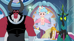 Size: 849x476 | Tagged: safe, screencap, character:cozy glow, character:lord tirek, character:queen chrysalis, species:alicorn, species:centaur, species:changeling, species:pony, episode:the ending of the end, g4, my little pony: friendship is magic, alicornified, changeling queen, cozycorn, female, filly, former queen chrysalis, legion of doom, male, race swap, tirek is not amused, ultimate chrysalis