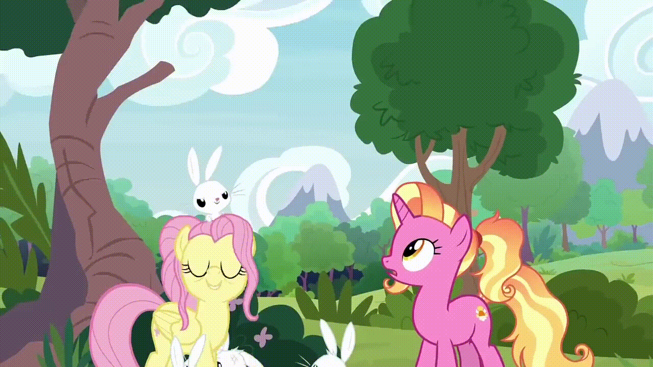 Size: 1280x720 | Tagged: safe, screencap, character:discord, character:fluttershy, character:luster dawn, character:twilight sparkle, character:twilight sparkle (alicorn), species:alicorn, species:draconequus, species:pegasus, species:pony, species:rabbit, species:unicorn, episode:the last problem, g4, my little pony: friendship is magic, animal, animated, crown, cute, dimension travel, discute, ethereal mane, female, gif, jewelry, male, mare, older, older fluttershy, older twilight, portal, princess twilight 2.0, regalia, shyabetes, smiling, tree